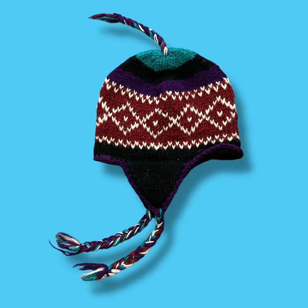 Vintage Wool Beanie Winter Hat Nepal 80s 90s Earflap Knit Cap Unisex